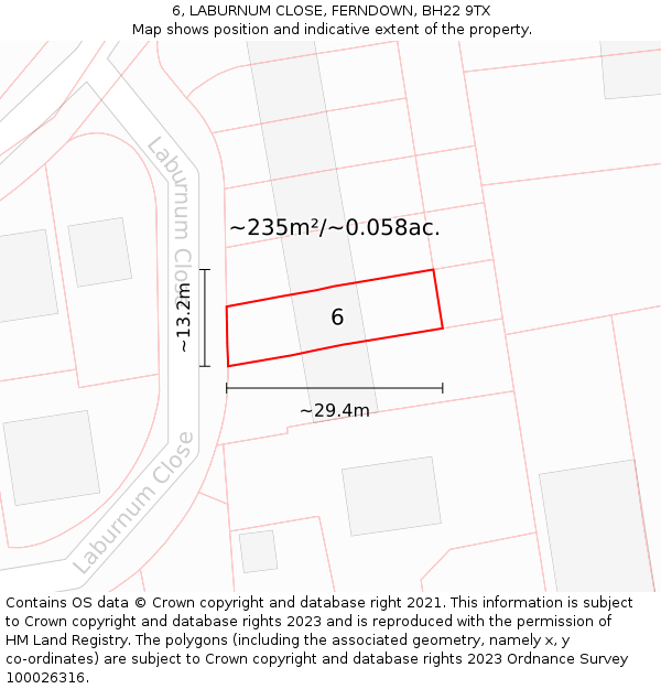 6, LABURNUM CLOSE, FERNDOWN, BH22 9TX: Plot and title map