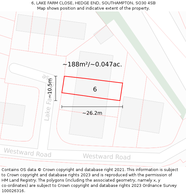 6, LAKE FARM CLOSE, HEDGE END, SOUTHAMPTON, SO30 4SB: Plot and title map