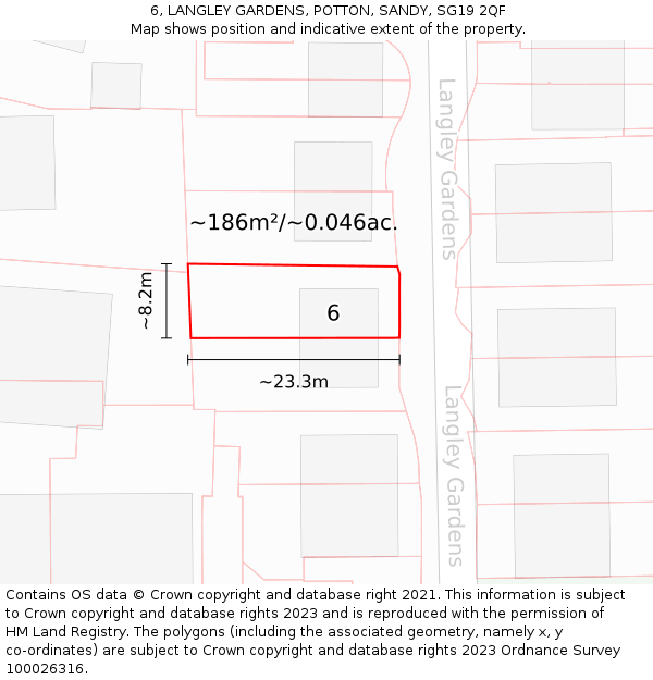 6, LANGLEY GARDENS, POTTON, SANDY, SG19 2QF: Plot and title map