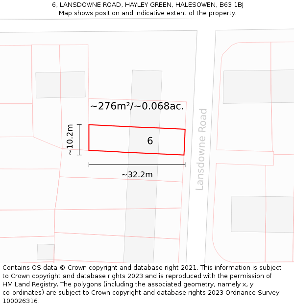 6, LANSDOWNE ROAD, HAYLEY GREEN, HALESOWEN, B63 1BJ: Plot and title map