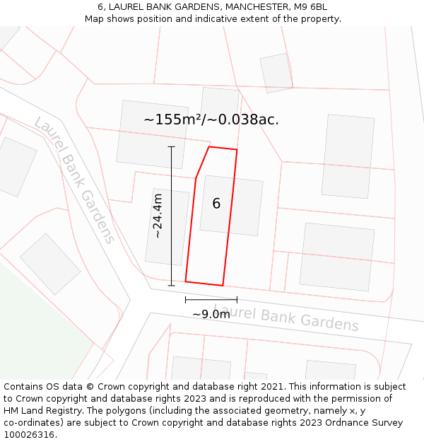 6, LAUREL BANK GARDENS, MANCHESTER, M9 6BL: Plot and title map