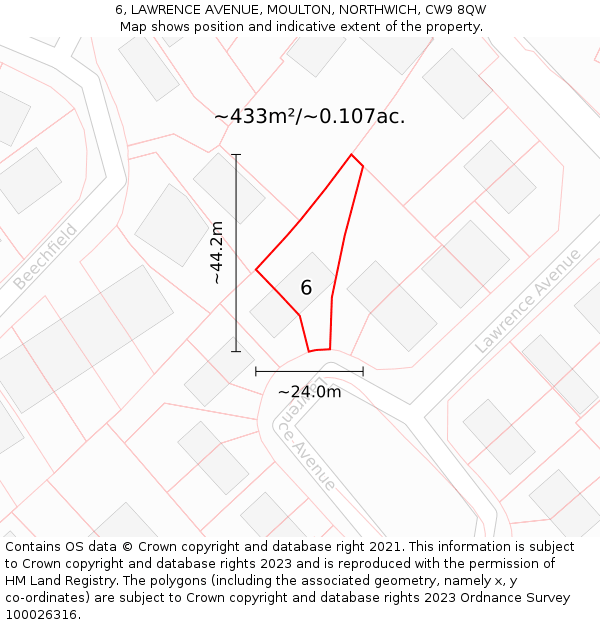 6, LAWRENCE AVENUE, MOULTON, NORTHWICH, CW9 8QW: Plot and title map