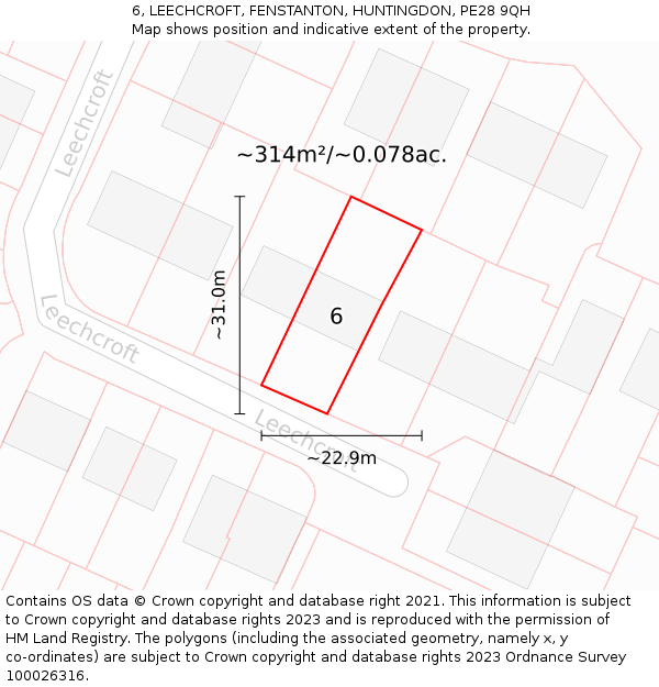 6, LEECHCROFT, FENSTANTON, HUNTINGDON, PE28 9QH: Plot and title map