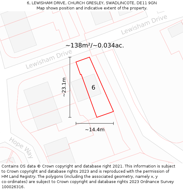 6, LEWISHAM DRIVE, CHURCH GRESLEY, SWADLINCOTE, DE11 9GN: Plot and title map