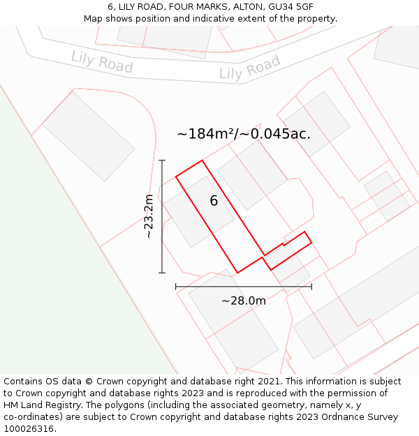 6, LILY ROAD, FOUR MARKS, ALTON, GU34 5GF: Plot and title map