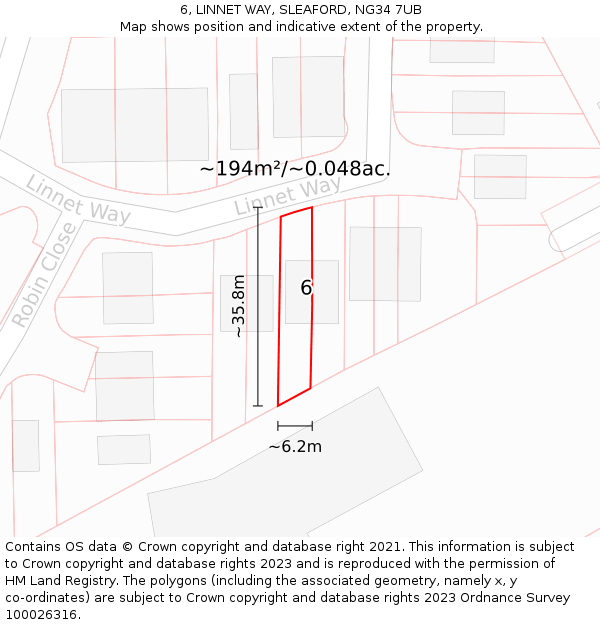 6, LINNET WAY, SLEAFORD, NG34 7UB: Plot and title map