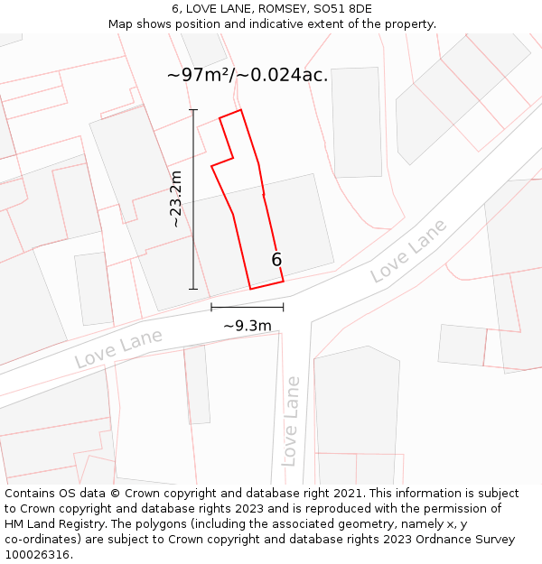 6, LOVE LANE, ROMSEY, SO51 8DE: Plot and title map