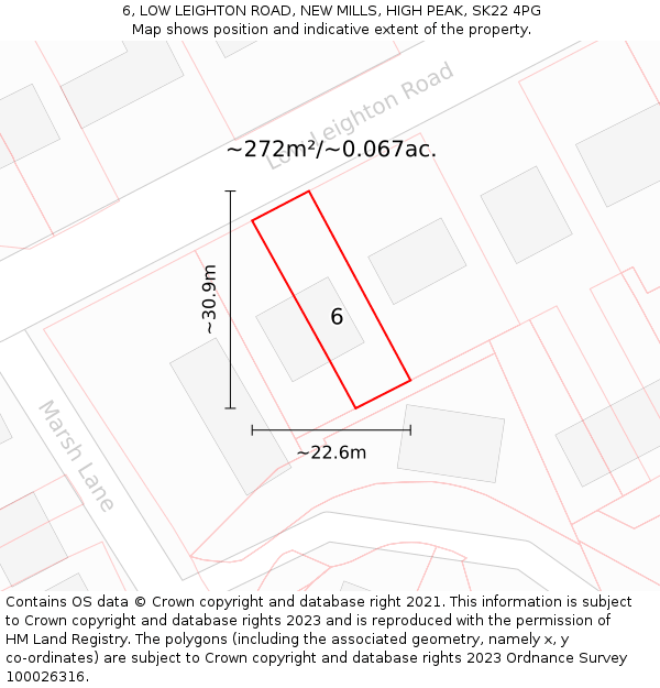 6, LOW LEIGHTON ROAD, NEW MILLS, HIGH PEAK, SK22 4PG: Plot and title map