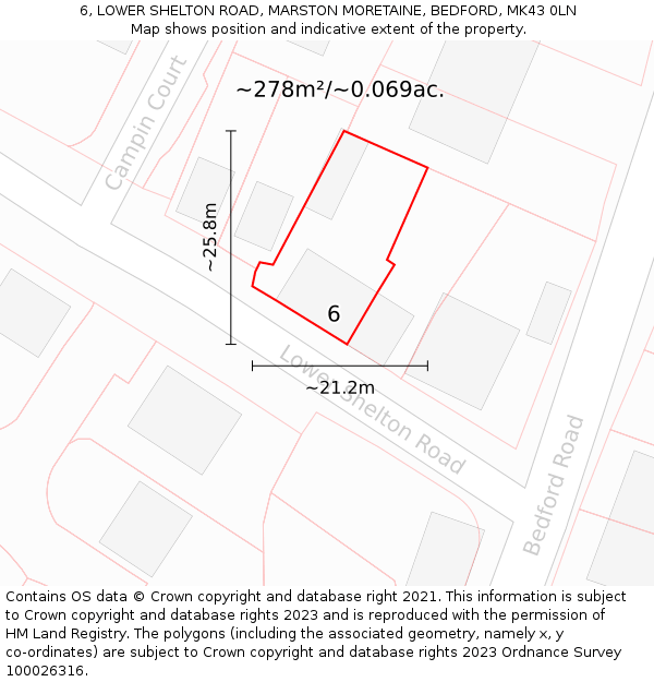 6, LOWER SHELTON ROAD, MARSTON MORETAINE, BEDFORD, MK43 0LN: Plot and title map