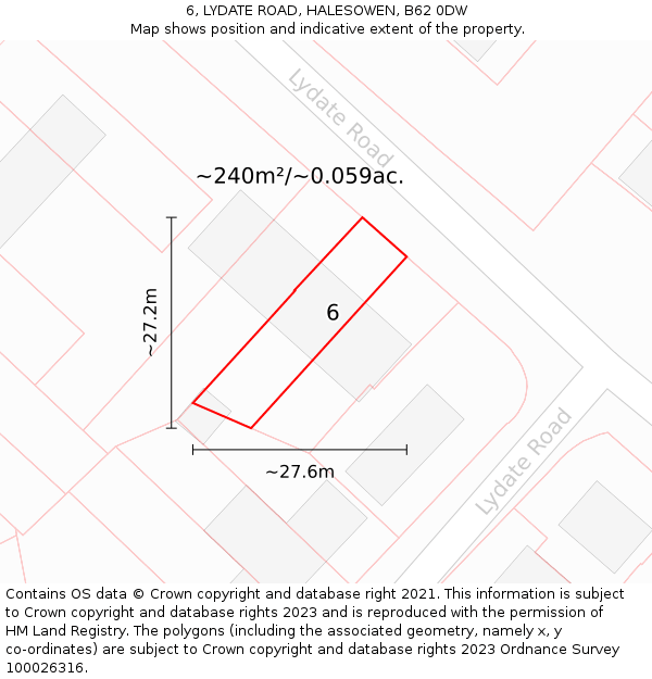 6, LYDATE ROAD, HALESOWEN, B62 0DW: Plot and title map