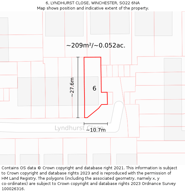 6, LYNDHURST CLOSE, WINCHESTER, SO22 6NA: Plot and title map