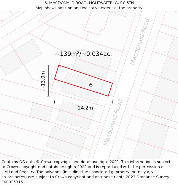 6, MACDONALD ROAD, LIGHTWATER, GU18 5TN: Plot and title map