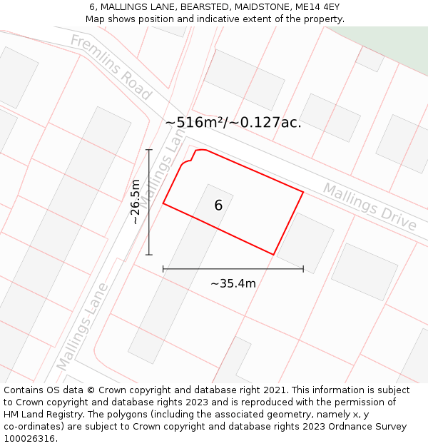 6, MALLINGS LANE, BEARSTED, MAIDSTONE, ME14 4EY: Plot and title map