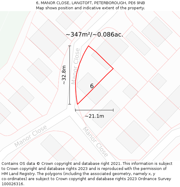 6, MANOR CLOSE, LANGTOFT, PETERBOROUGH, PE6 9NB: Plot and title map