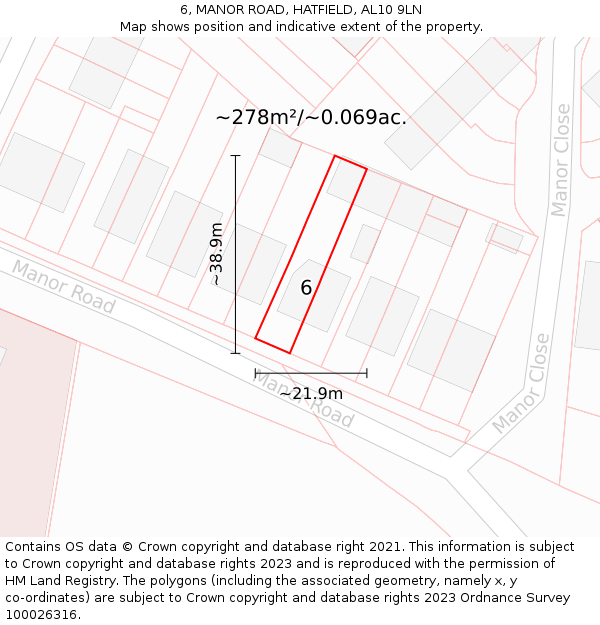 6, MANOR ROAD, HATFIELD, AL10 9LN: Plot and title map