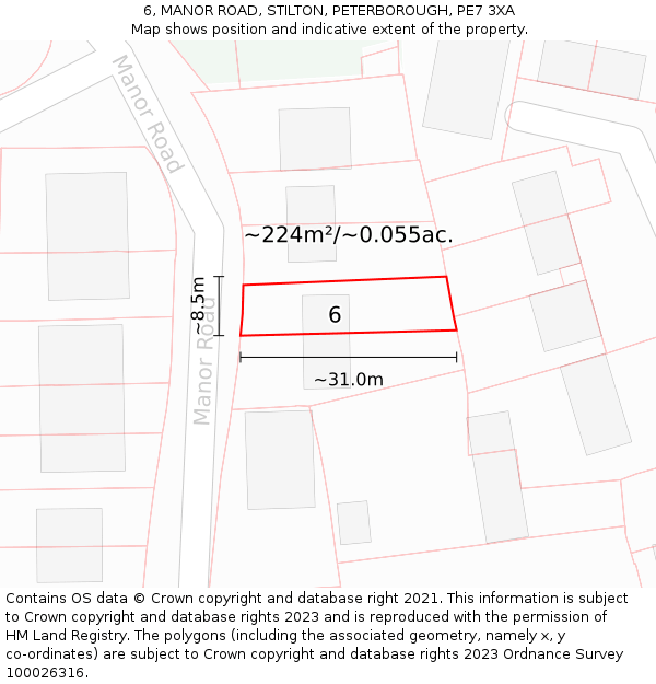 6, MANOR ROAD, STILTON, PETERBOROUGH, PE7 3XA: Plot and title map