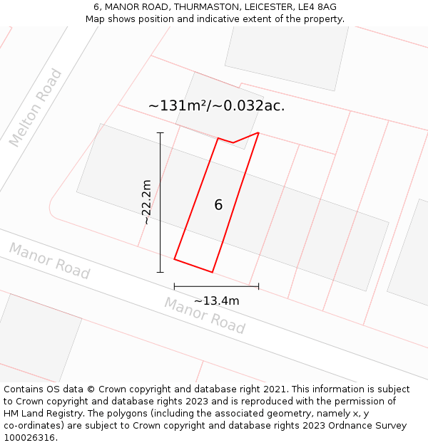 6, MANOR ROAD, THURMASTON, LEICESTER, LE4 8AG: Plot and title map