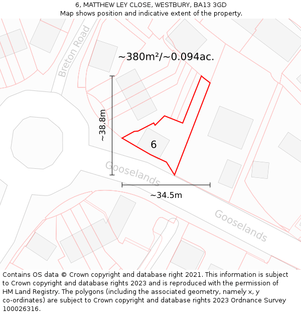 6, MATTHEW LEY CLOSE, WESTBURY, BA13 3GD: Plot and title map