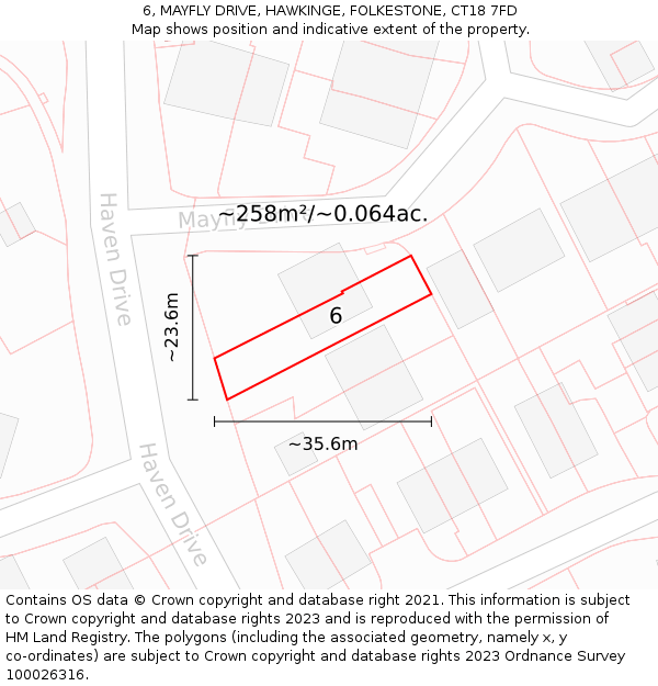 6, MAYFLY DRIVE, HAWKINGE, FOLKESTONE, CT18 7FD: Plot and title map