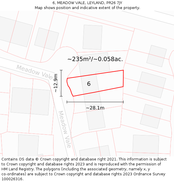 6, MEADOW VALE, LEYLAND, PR26 7JY: Plot and title map