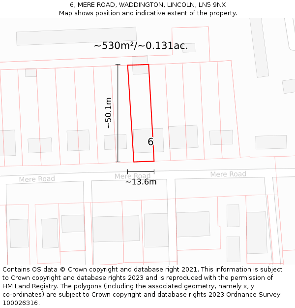 6, MERE ROAD, WADDINGTON, LINCOLN, LN5 9NX: Plot and title map