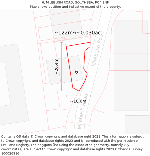 6, MILEBUSH ROAD, SOUTHSEA, PO4 8NF: Plot and title map