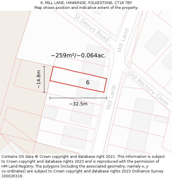 6, MILL LANE, HAWKINGE, FOLKESTONE, CT18 7BY: Plot and title map