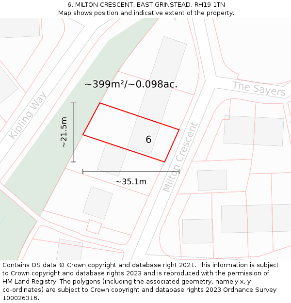 6, MILTON CRESCENT, EAST GRINSTEAD, RH19 1TN: Plot and title map