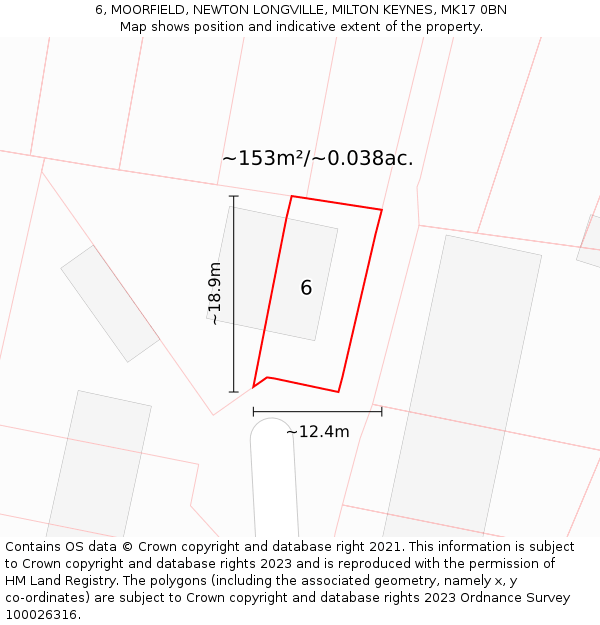 6, MOORFIELD, NEWTON LONGVILLE, MILTON KEYNES, MK17 0BN: Plot and title map