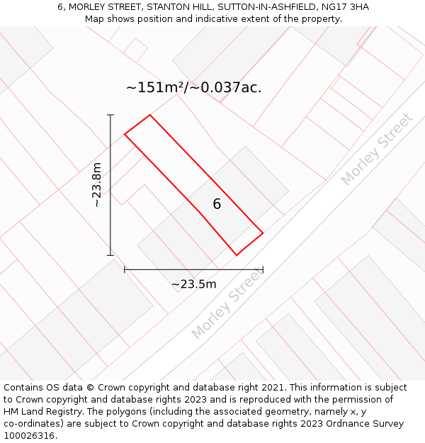 6, MORLEY STREET, STANTON HILL, SUTTON-IN-ASHFIELD, NG17 3HA: Plot and title map