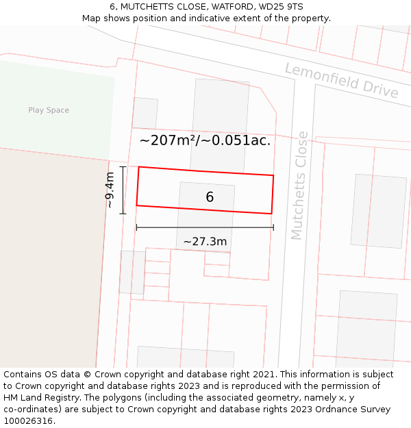 6, MUTCHETTS CLOSE, WATFORD, WD25 9TS: Plot and title map