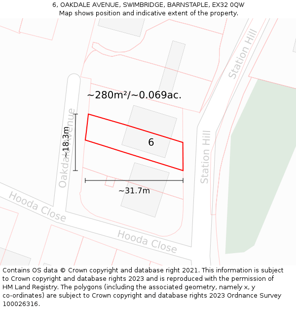 6, OAKDALE AVENUE, SWIMBRIDGE, BARNSTAPLE, EX32 0QW: Plot and title map