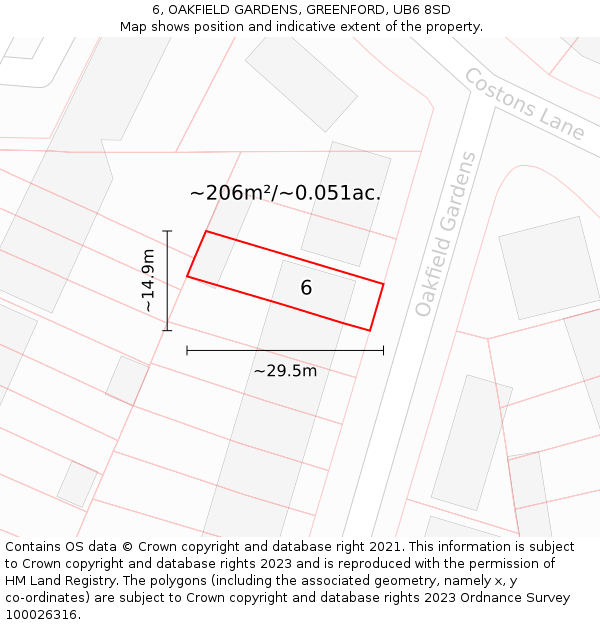 6, OAKFIELD GARDENS, GREENFORD, UB6 8SD: Plot and title map