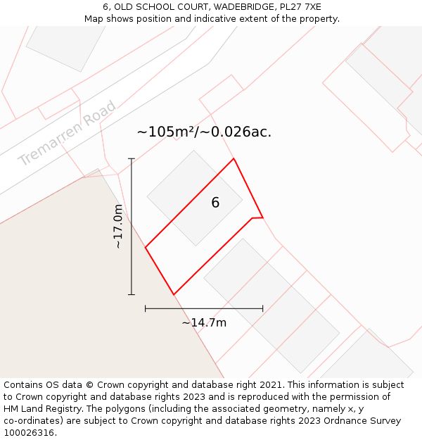 6, OLD SCHOOL COURT, WADEBRIDGE, PL27 7XE: Plot and title map