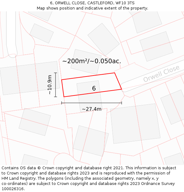 6, ORWELL CLOSE, CASTLEFORD, WF10 3TS: Plot and title map