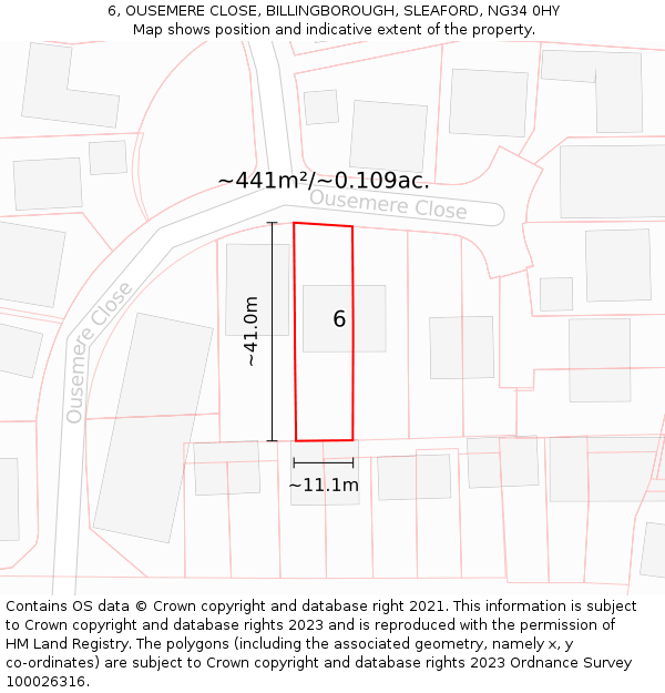 6, OUSEMERE CLOSE, BILLINGBOROUGH, SLEAFORD, NG34 0HY: Plot and title map