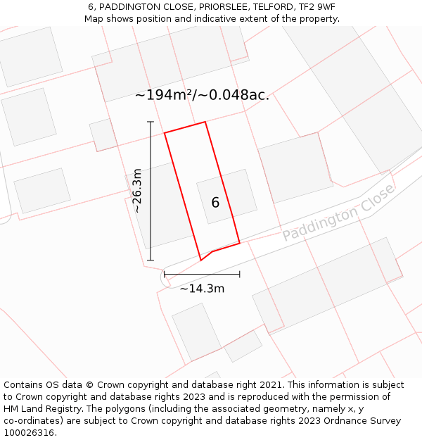 6, PADDINGTON CLOSE, PRIORSLEE, TELFORD, TF2 9WF: Plot and title map