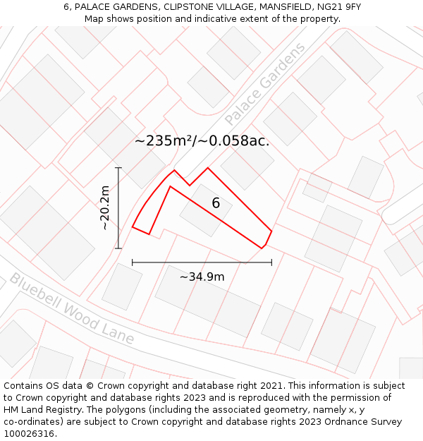 6, PALACE GARDENS, CLIPSTONE VILLAGE, MANSFIELD, NG21 9FY: Plot and title map