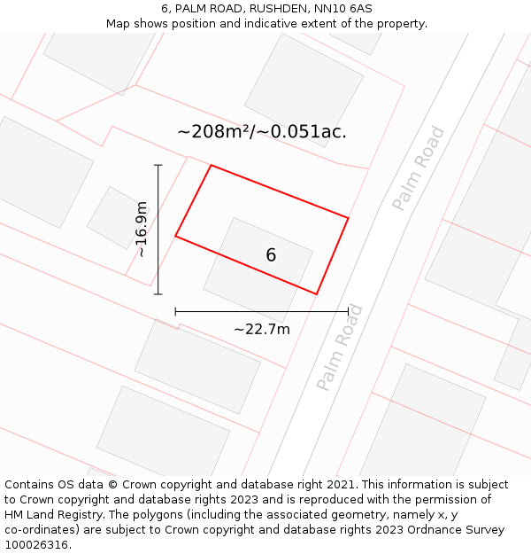 6, PALM ROAD, RUSHDEN, NN10 6AS: Plot and title map