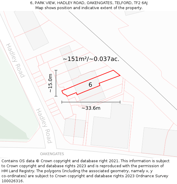 6, PARK VIEW, HADLEY ROAD, OAKENGATES, TELFORD, TF2 6AJ: Plot and title map