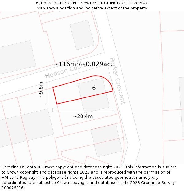 6, PARKER CRESCENT, SAWTRY, HUNTINGDON, PE28 5WG: Plot and title map