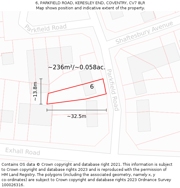 6, PARKFIELD ROAD, KERESLEY END, COVENTRY, CV7 8LR: Plot and title map