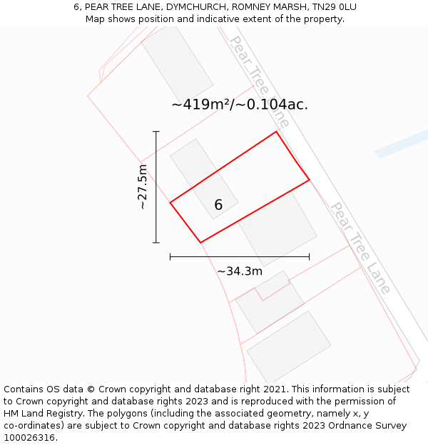 6, PEAR TREE LANE, DYMCHURCH, ROMNEY MARSH, TN29 0LU: Plot and title map