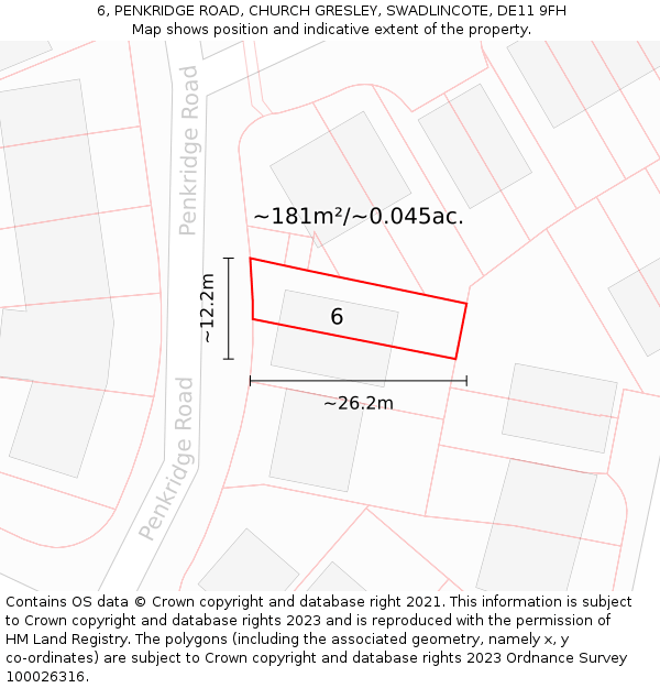 6, PENKRIDGE ROAD, CHURCH GRESLEY, SWADLINCOTE, DE11 9FH: Plot and title map