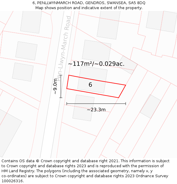 6, PENLLWYNMARCH ROAD, GENDROS, SWANSEA, SA5 8DQ: Plot and title map