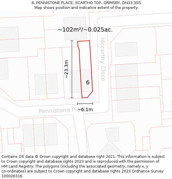 6, PENNISTONE PLACE, SCARTHO TOP, GRIMSBY, DN33 3SS: Plot and title map