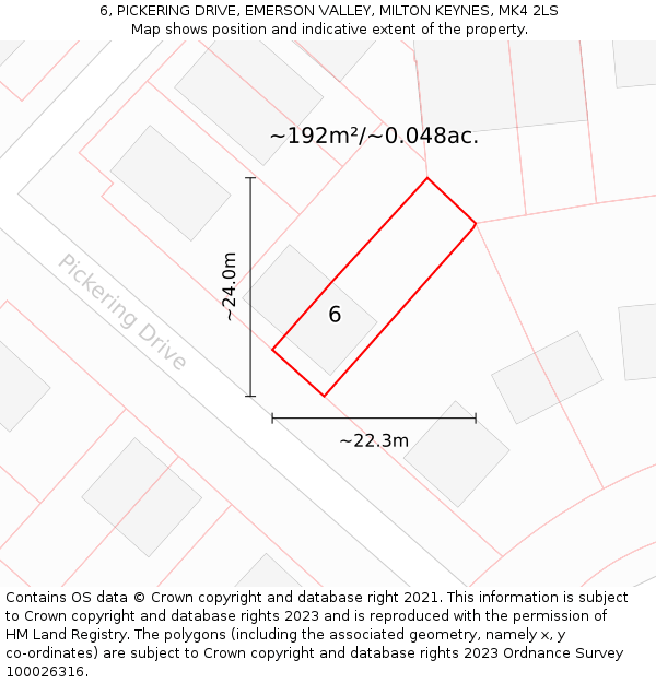 6, PICKERING DRIVE, EMERSON VALLEY, MILTON KEYNES, MK4 2LS: Plot and title map