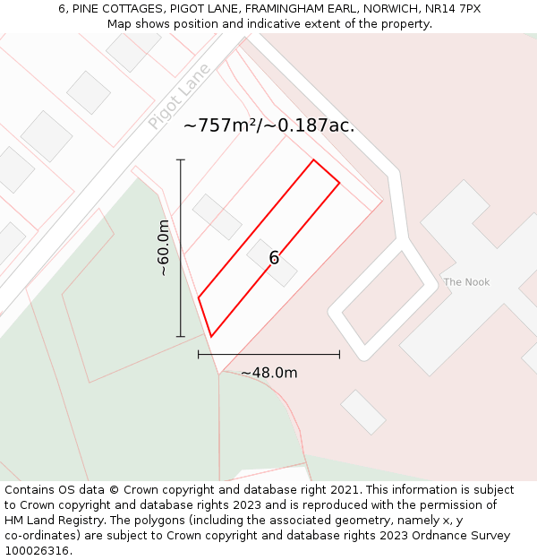 6, PINE COTTAGES, PIGOT LANE, FRAMINGHAM EARL, NORWICH, NR14 7PX: Plot and title map