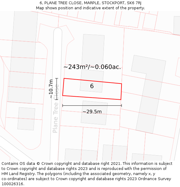 6, PLANE TREE CLOSE, MARPLE, STOCKPORT, SK6 7RJ: Plot and title map