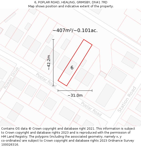 6, POPLAR ROAD, HEALING, GRIMSBY, DN41 7RD: Plot and title map